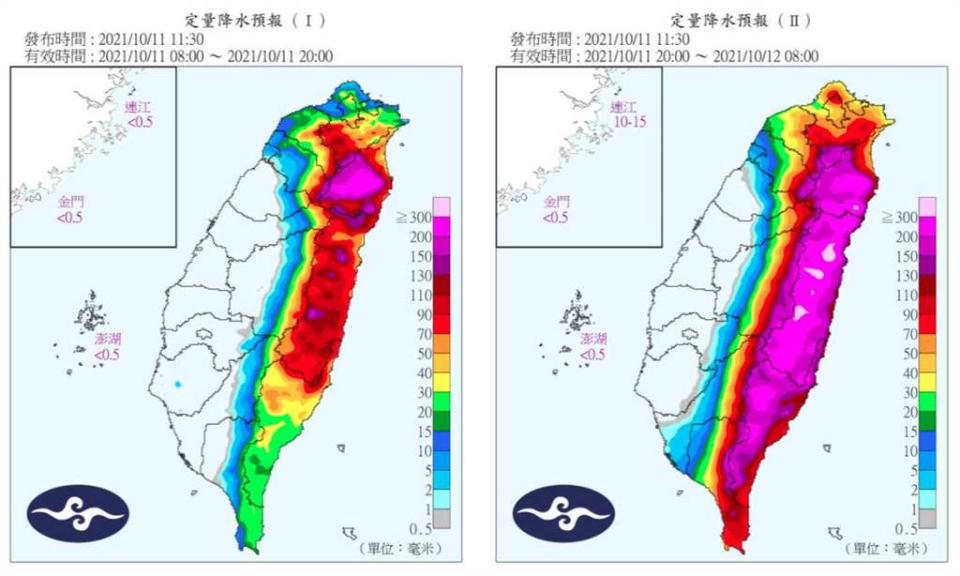 因為護國神山擋在中間，導致迎風面東半部雨量紫爆，背風面西半部炎熱無雨。(翻攝自氣象局)