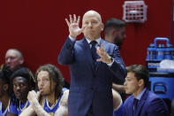 UCLA coach Mick Cronin gestures during the fist half of the team's NCAA college basketball game against Utah, Thursday, Feb. 23, 2023, in Salt Lake City. (AP Photo/Jeff Swinger)