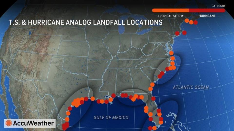 In this graphic, Accuweather mapped previous tropical storms and hurricanes that occurred in years with similar atmospheric conditions as 2024. Areas where clusters of storms are mapped are highlighted, including South Florida.