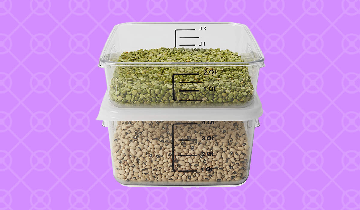 Two plastic containers filled with beans and lentils, on a purple pattern background