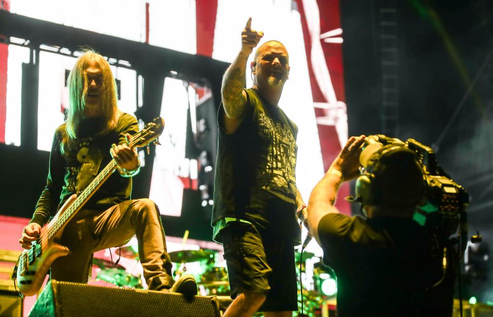 Pantera's Rex Brown, left, and singer Phil Anselmo performed at Saturday's Louder Than Life Festival in Louisville, Ky. Sept. 23, 2023