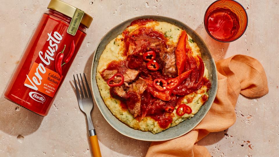 Spicy Tomato-Braised Pork With Herbed Polenta