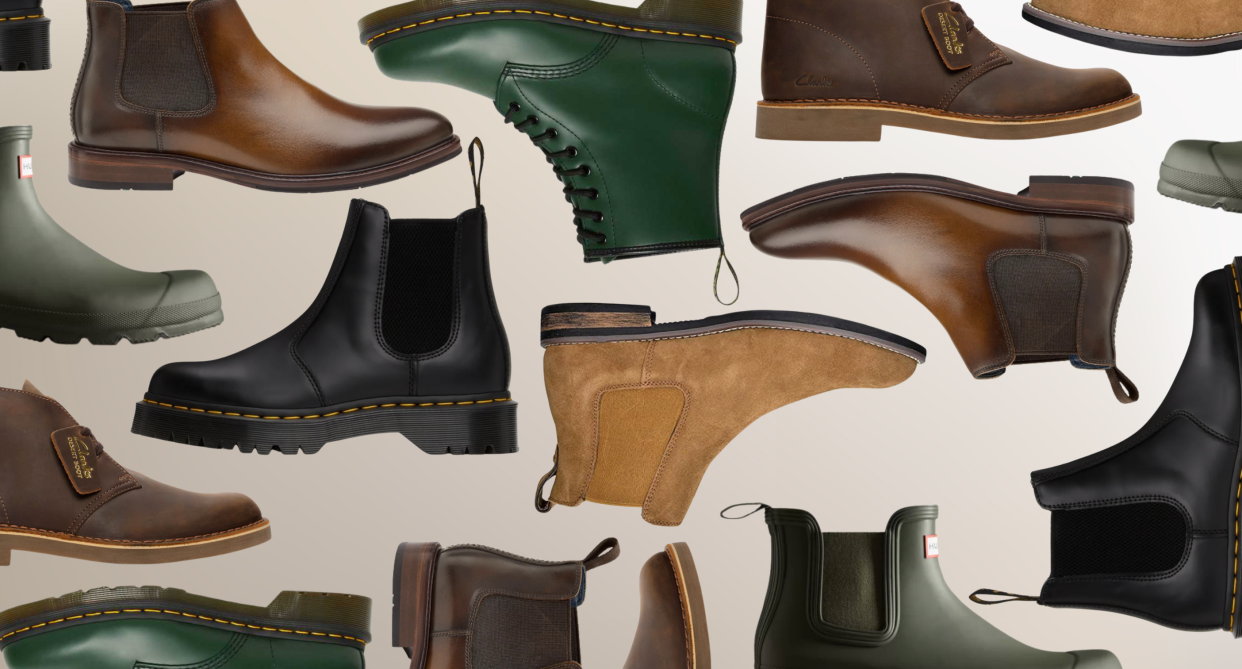 collage of green, black and brown men's boots, 11 best fall/winter boots for men in 2022 (Photos via Nordstrom, Amazon, Dr. Martens, Clarks, Hunter)