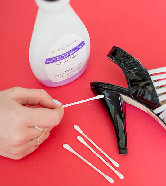 <p>If you’ve got a stubborn scuff on your favourite shoes then try gently buffing it away with a cotton bud dipped in nail varnish remover. <i>[Photo: Pinterest]</i></p>