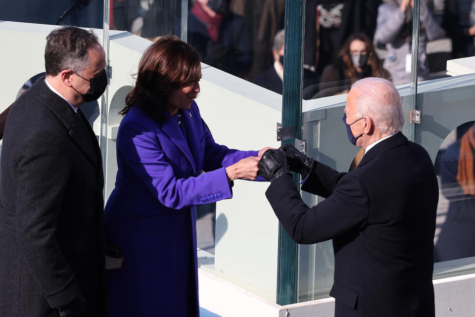 <p>President Biden and Vice President Harris greet each other at their Jan. 20 inauguration. </p>