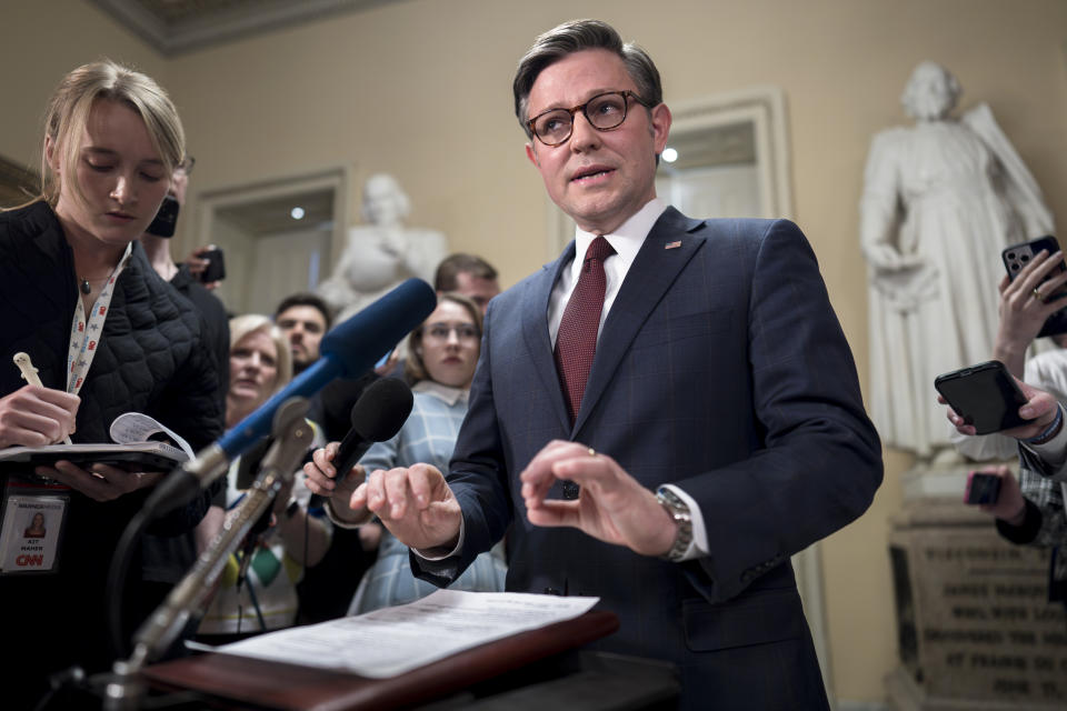 Speaker of the House Mike Johnson, R-La., talks to reporters just after the House voted to approve $95 billion in foreign aid for Ukraine, Israel and other U.S. allies, at the Capitol in Washington, Saturday, April 20, 2024. (AP Photo/J. Scott Applewhite)