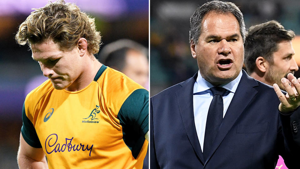 Pictured left to right, Wallabies captain Michael Hooper and coach Dave Rennie after the third Test defeat to England.