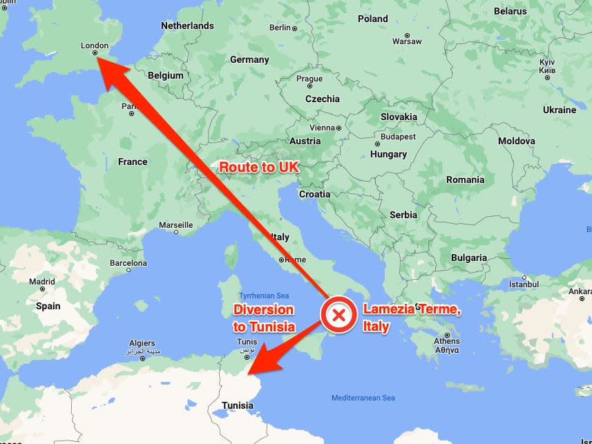 Map shows diversion to Tunisia