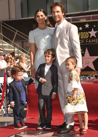 <p>Jason Merritt/Getty</p> Matthew McConaughey and his family Camila Alves McConaughey, Levi McConaughey, Livingston McConaughey and Vida McConaughey attend The Hollywood Walk Of Fame ceremony for Matthew McConaughey on Nov. 17, 2014.