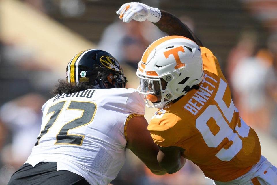 Missouri offensive lineman Xavier Delgado (72) and Tennessee linebacker Kivon Bennett (95) in the second quarter during a game between Tennessee and Missouri at Neyland Stadium in Knoxville, Tenn. on Saturday, Oct. 3, 2020.