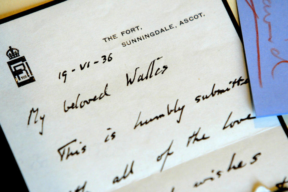 A love letter from Edward VIII is seen at Christies auction house in Rome June 16, 2004. The 14 letters, in which the king tells a still-married American Wallis Simpson [you will never know how much I love you, are part of a collection of photographs, clothing and] royal memorabilia [being sold by the couple's Italian valet. The 187 lots are estimated to fetch up up to 400,000 euros.]