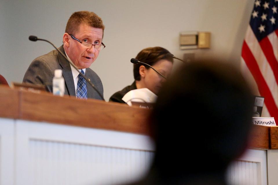 Rochester Deputy Mayor Peter Lachapelle questions City Councilor Chris Rice during his trial on Thursday, May 12, 2022.