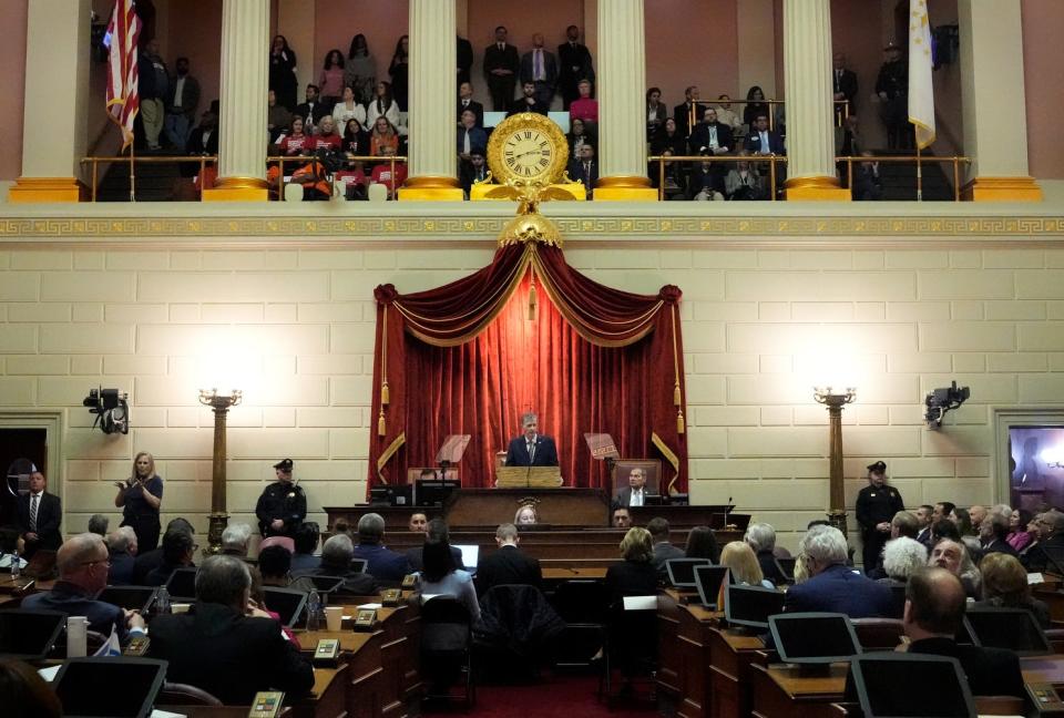 Gov. Dan McKee delivers his State of the State address in the RI House on Jan. 16.