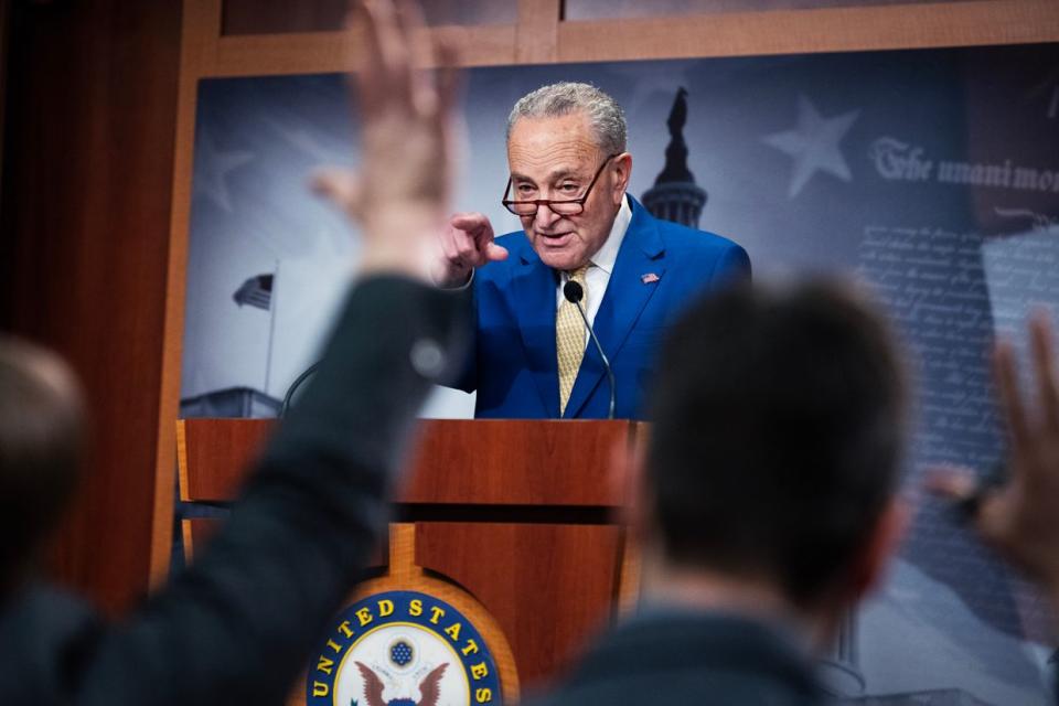 Senate Majority Leader Charles Schumer, D-N.Y., conducts a news conference in the U.S. Capitol after the Senate passed a bill to send foreign aid to Israel, Taiwan, and Ukraine, on Feb. 13, 2024. (Tom Williams/CQ-Roll Call, Inc via Getty Images)