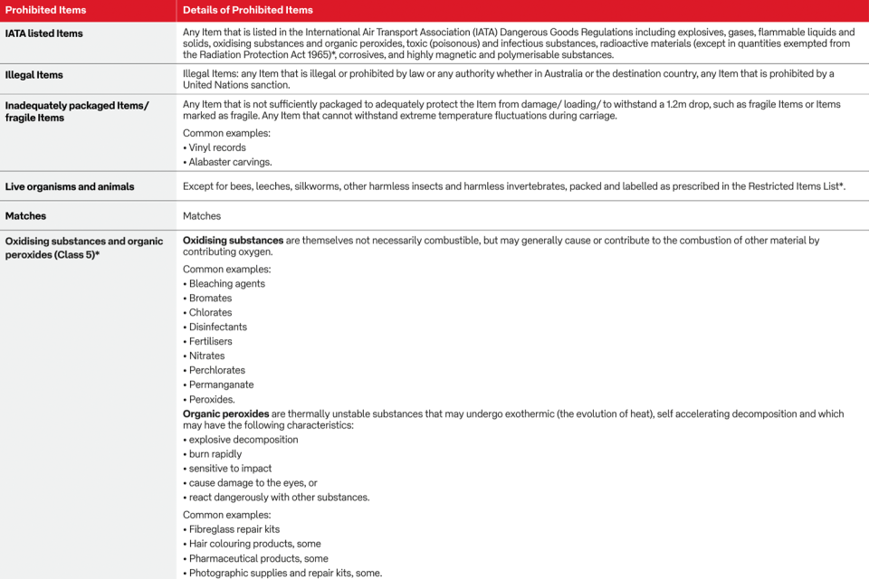 A screenshot of Australia Post's regulations for sending live animals.