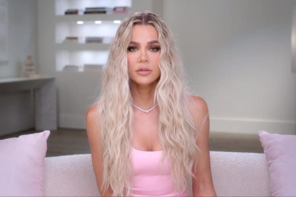 The star, pictured on a recent episode of The Kardashians, sharing her heartbreak over ex Thompson fathering another child while a surrogate was pregnant with theirs (Hulu)