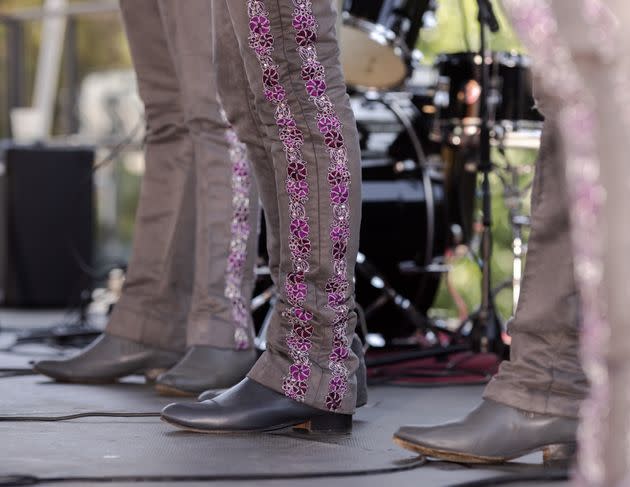 Clothing details of some of the member of Mariachi Arcoiris, an L.A. based group and the world's first all-LGBTQ mariachi band, during a performance at the Pasadena Waldorf School Fund Raiser in Los Angeles on May 20, 2023.