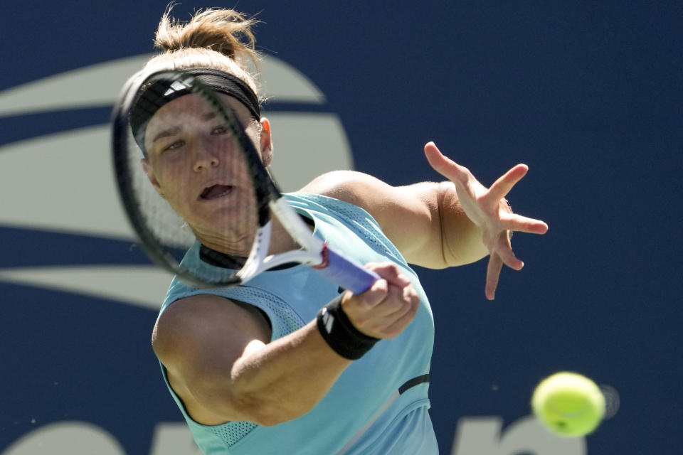 Karolina Muchova, of the Czech Republic, returns a shot to Taylor Townsend, of the United States, during the third round of the U.S. Open tennis championships, Friday, Sept. 1, 2023, in New York. (AP Photo/Mary Altaffer)