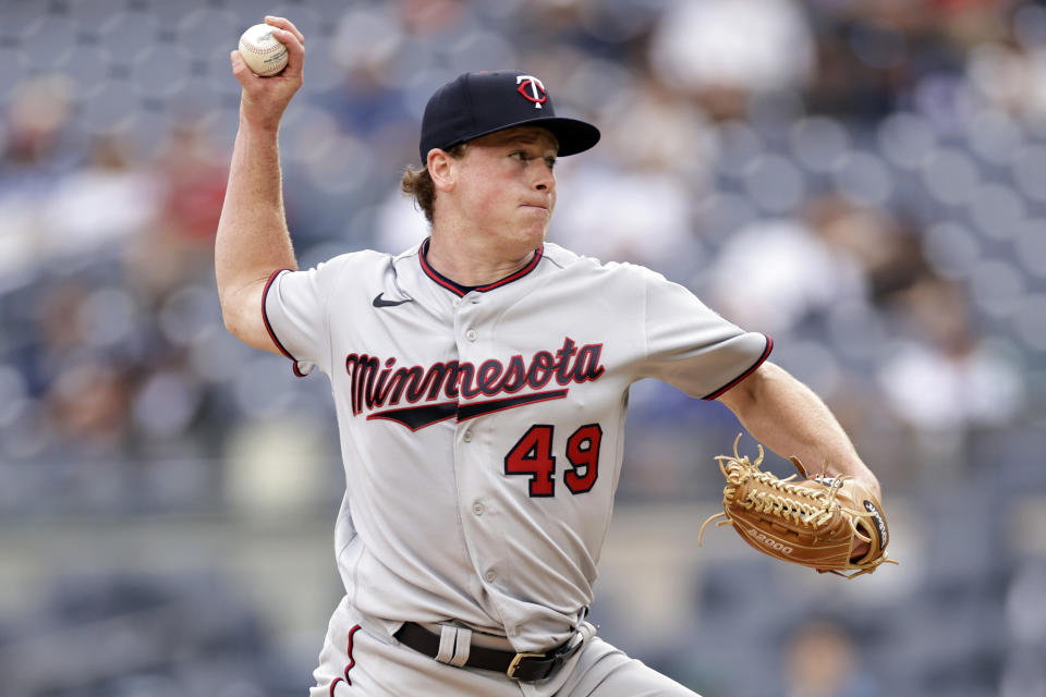 Minnesota Twins pitcher Louie Varland throws during the sixth inning of the first baseball game of a doubleheader against the New York Yankees on Wednesday, Sept. 7, 2022, in New York. (AP Photo/Adam Hunger)