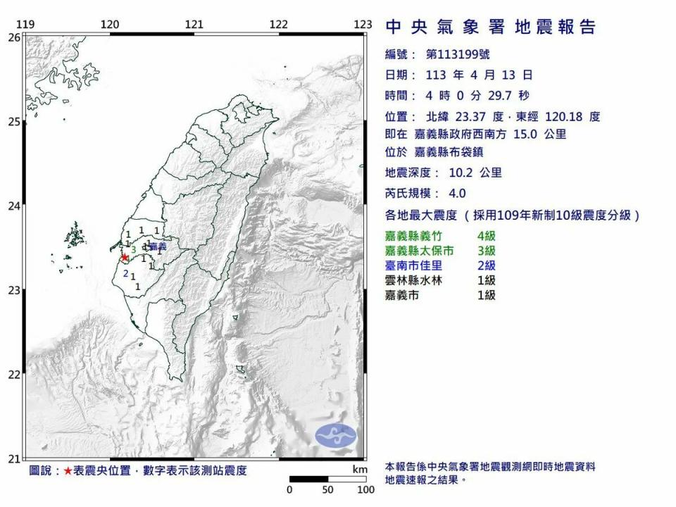 今（13）天清晨4點00分嘉義縣布袋鎮發生芮氏規模4地震。   圖：氣象署提供