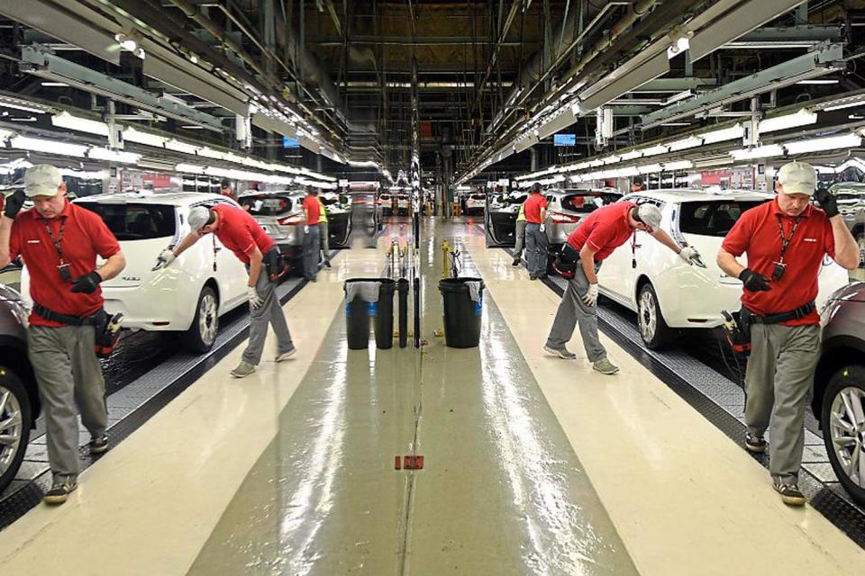 Warning: workers in the Nissan factory in Sunderland. The firm says a no-deal Brexit could make its business model unsustainable: Getty Images