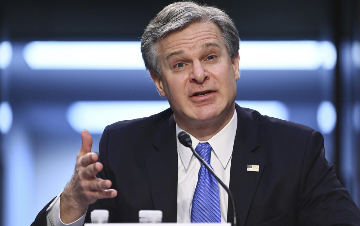 FBI Director Christopher Wray testifies before the Senate Judiciary Committee on Tuesday. (Mandel Ngan/Pool via AP)