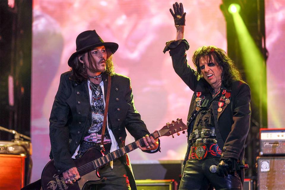 <p>Erhan Sevenler/Anadolu Agency via Getty</p> Johnny Depp and Alice Cooper performing in Istanbul on June 10, 2023.