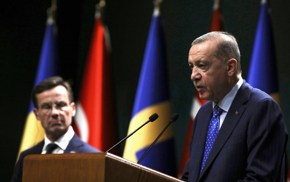 FILE - Turkish President Recep Tayyip Erdogan, right, and Sweden's new prime minister, Ulf Kristersson, speak to the media after their talks at the presidential palace in Ankara, Turkey, on Nov. 8, 2022. NATO's much-celebrated unity faces fresh strains when leaders gather for their annual summit this week in Vilnius, Lithuania. Disagreements have been stacking up over admitting Sweden as NATO's 32nd member, boosting military spending and finding a new secretary general. (AP Photo/Burhan Ozbilici, File)