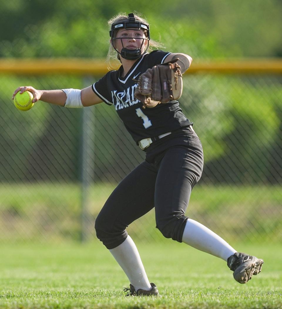 Cascade Cadets Ava Allen (1) throws the ball on Friday, May 20, 2022, at Tri-West High School in Lizton. 