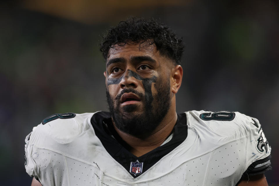 SEATTLE, WASHINGTON – DECEMBER 18: Jordan Mailata #68 of the Philadelphia Eagles looks on in the first half at Lumen Field on December 18, 2023 in Seattle, Washington. (Photo by Steph Chambers/Getty Images)
