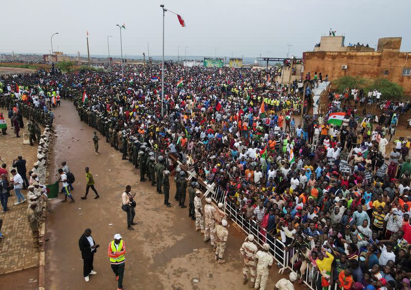 Thousands of Nigeriens gather in support of the putschist soldiers and to demand the French army to leave, in Niamey