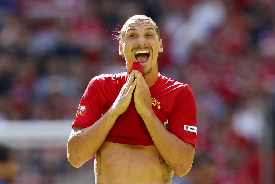 Football Soccer Britain - Leicester City v Manchester United - FA Community Shield - Wembley Stadium - 7/8/16 Manchester United's Zlatan Ibrahimovic Action Images via Reuters / John Sibley Livepic EDITORIAL USE ONLY. No use with unauthorized audio, video, data, fixture lists, club/league logos or "live" services. Online in-match use limited to 45 images, no video emulation. No use in betting, games or single club/league/player publications. Please contact your account representative for further details.