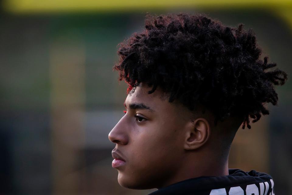 Antonyo "Sunny" Anderson watches his Aliquippa teammates beat Beaver Falls at Reeves Stadium on Sept. 3, 2021. [Lucy Schaly/For BCT]