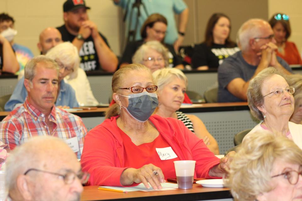 The League of Women Voters of Oak Ridge held a forum for local candidates on Oak Ridge ballots in the Aug. 4 Anderson County General Elections, at Roane State Community College Goff Building. Wearing a mask is Oak Ridge resident Mary Stephens.