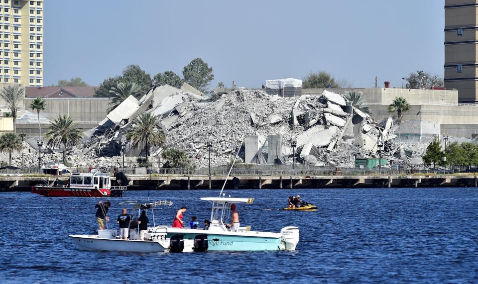 A pile of concrete debris was left behind after the implosion in March of the never-completed Berkman II condo tower on downtown's Northbank.