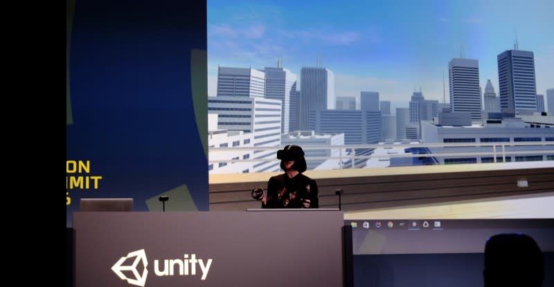 Timoni West, a principal game designer at Unity, is inside a game she is making in VR.
