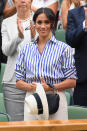 <p> As she cheered on her close friend Serena Williams during her final match against Angelique Kerber at Wimbledon, Meghan once again showed how casual shirts can be made instantly fabulous. This particular Ralph Lauren shirt consisted of classic blue and white vertical stripes and gave Meghan a sporty yet smart edge to her style with the sleeves rolled up, paired with simple white trousers. </p>