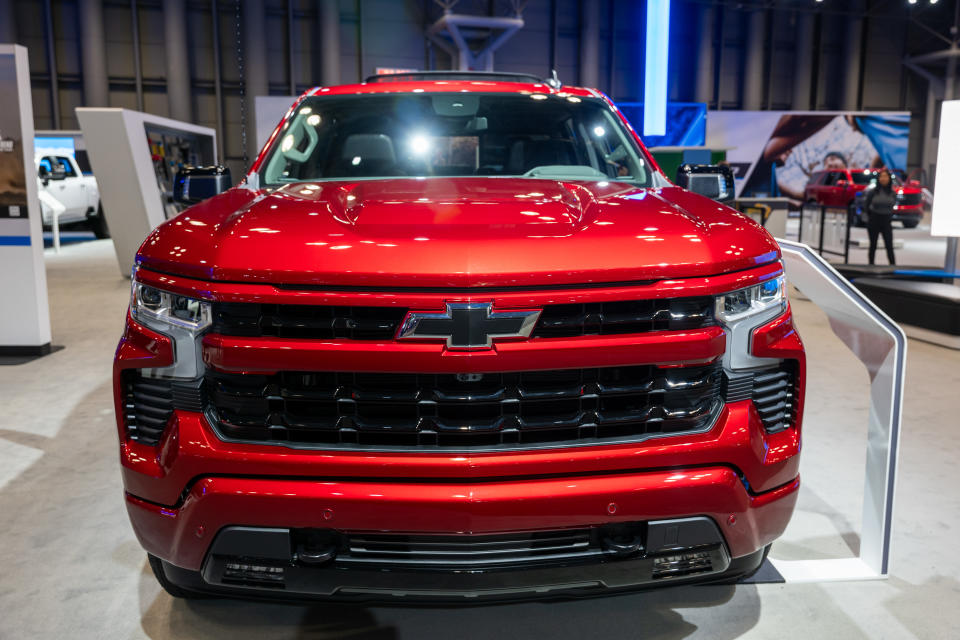 NEW YORK, NY - MARCH 27: A new Chevy truck is on display at the New York International Auto Show on March 27, 2024 in New York City.  The annual show, which opens to the public on March 29, is one of the largest car shows in the world and unveils many new car models to both the public and the media.  This year's exhibition includes a focus on new electric and hybrid models.  (Photo by Spencer Platt/Getty Images)