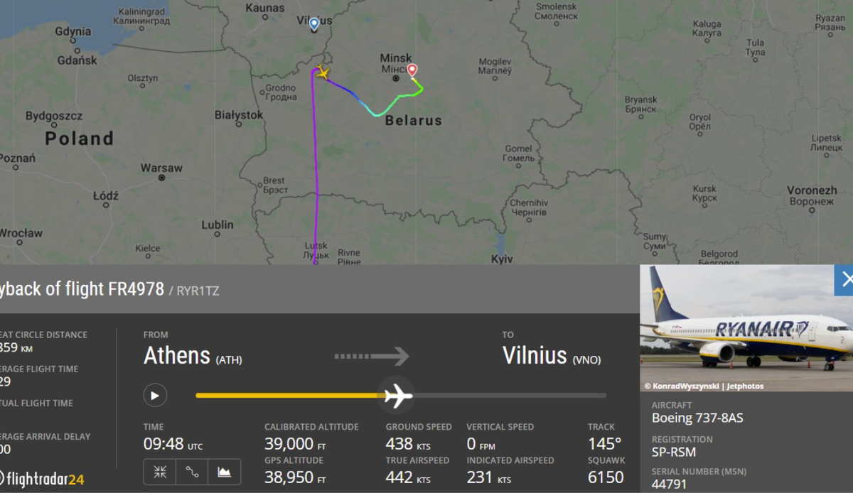 Ryanair flight FR4978 was forcibly diverted to Belarus by fighter jets on 23 May 2021 (Flightradar24)