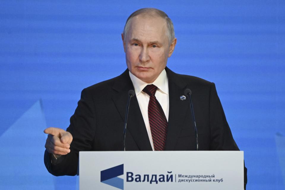 Russian President Vladimir Putin gestures while speaking at the annual meeting of the Valdai Discussion Club in the Black Sea resort of Sochi, Russia, Thursday, Oct. 5, 2023. (Sergei Guneyev, Sputnik, Kremlin Pool Photo via AP)