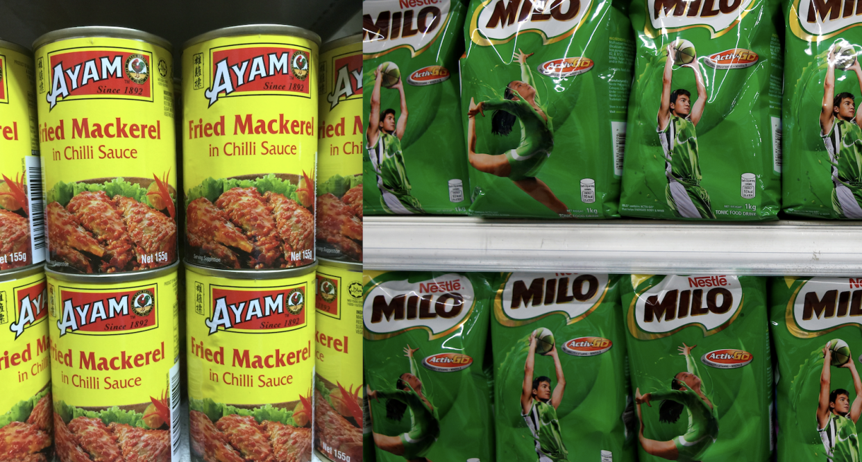 A composite image of stacked Ayam Brand can and Milo packages, illustrating some of the brands that many thought are Malaysian.