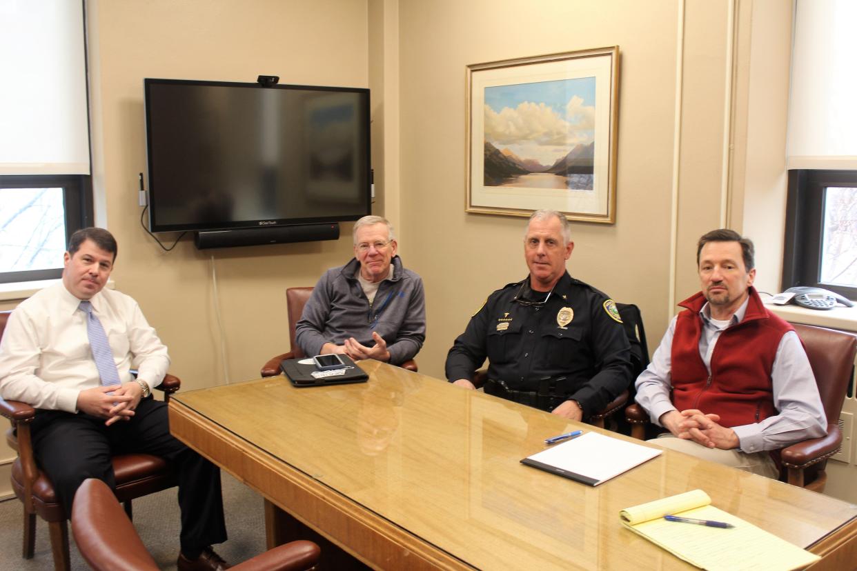 Great Falls city officials recently spoke on rising crime in the city and efforts to effectively address it. From left to right are City Manager Greg Doyon, Mayor Bob Kelly, Chief of Police Jeff Newton and City Attorney David Dennis.