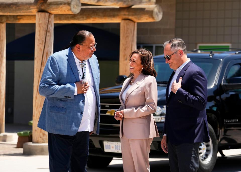 Governor Stephen Lewis of the Gila River Indian Community welcomes Vice President Kamala Harris and second gentleman Douglas Emhoff to the Gila Crossing Community School.