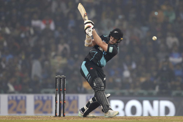 New Zealand's Mark Chapman plays a shot during the second T20 international cricket match between India and New Zealand in Lucknow, India, Sunday, Jan. 29, 2023. (AP Photo/Surjeet Yadav)