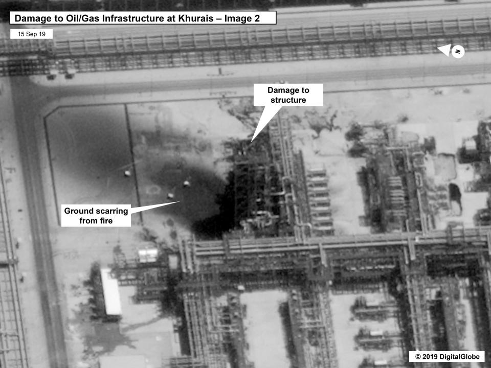 This image provided on Sept. 15, 2019, by the U.S. government and DigitalGlobe shows damage to the infrastructure at Saudi Aramco's Kuirais oil field in Buqyaq, Saudi Arabia.