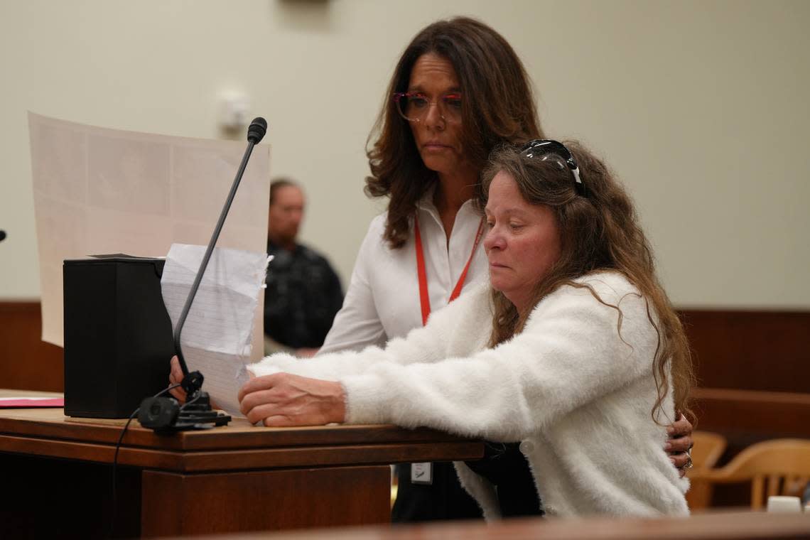 Vickie Turner, the mother of Kasaundra “Kassy” May Booker, read a statement to the court on July 1, 2024, during the sentencing hearing of Shilo Aron Englert, 35, who fatally shot Booker on Feb. 8, 2022, in Bellingham, Wash. Director of Support Officers of Whatcom County Kendra Cristelli accompanied Turner.