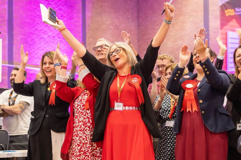 Celebrations as Joe Morris (Labour) wins Hexham at the general election count in Northumberland