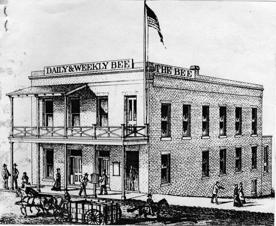 An illustration shows the original Sacramento Bee building at 1016 Third Street. The building housed the Daily and Weekly Bee, first published Feb. 3, 1857. It was home of The Bee until 1902, when the newspaper moved to 911 Seventh Street. The building was demolished in 1964 to make way for Interstate 5.