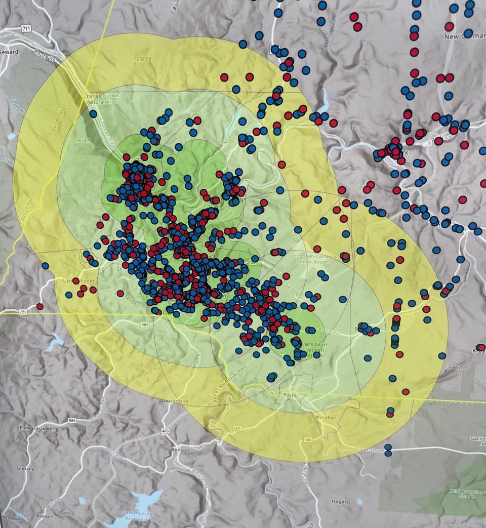 The proposed coverage map (in yellow) for the Emergency Life Saving through Multi-Modal Mobility, or ELCa-M3 project, includes much of the Johnstown area and a small portion of northern Somerset County, near Windber.