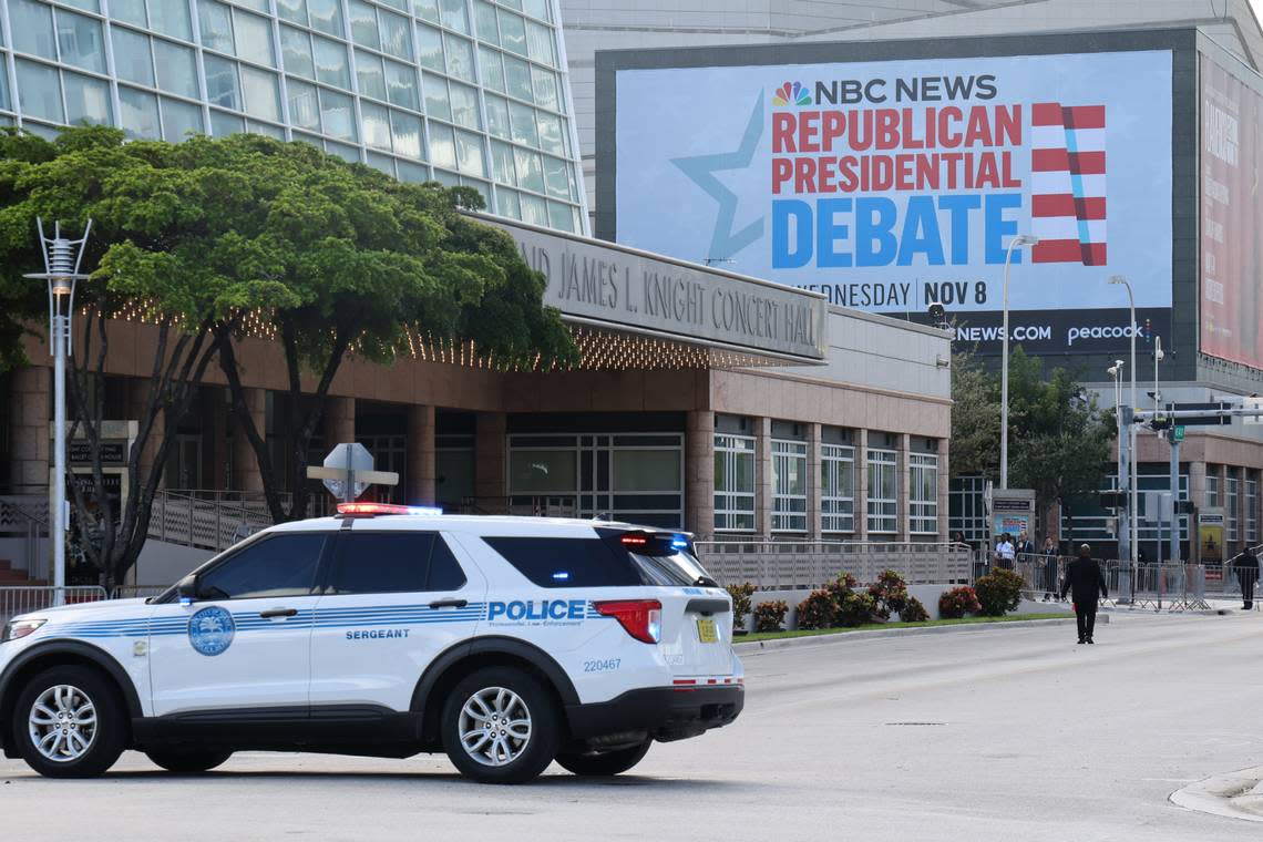 The streets around the Adrienne Arsht Performing Arts Center, its plaza, and Knight Concert Hall are blocked off and closed in preparation for the Republican Party primary debate being held on Wednesday, Nov. 8, 2023 in Miami, Florida.